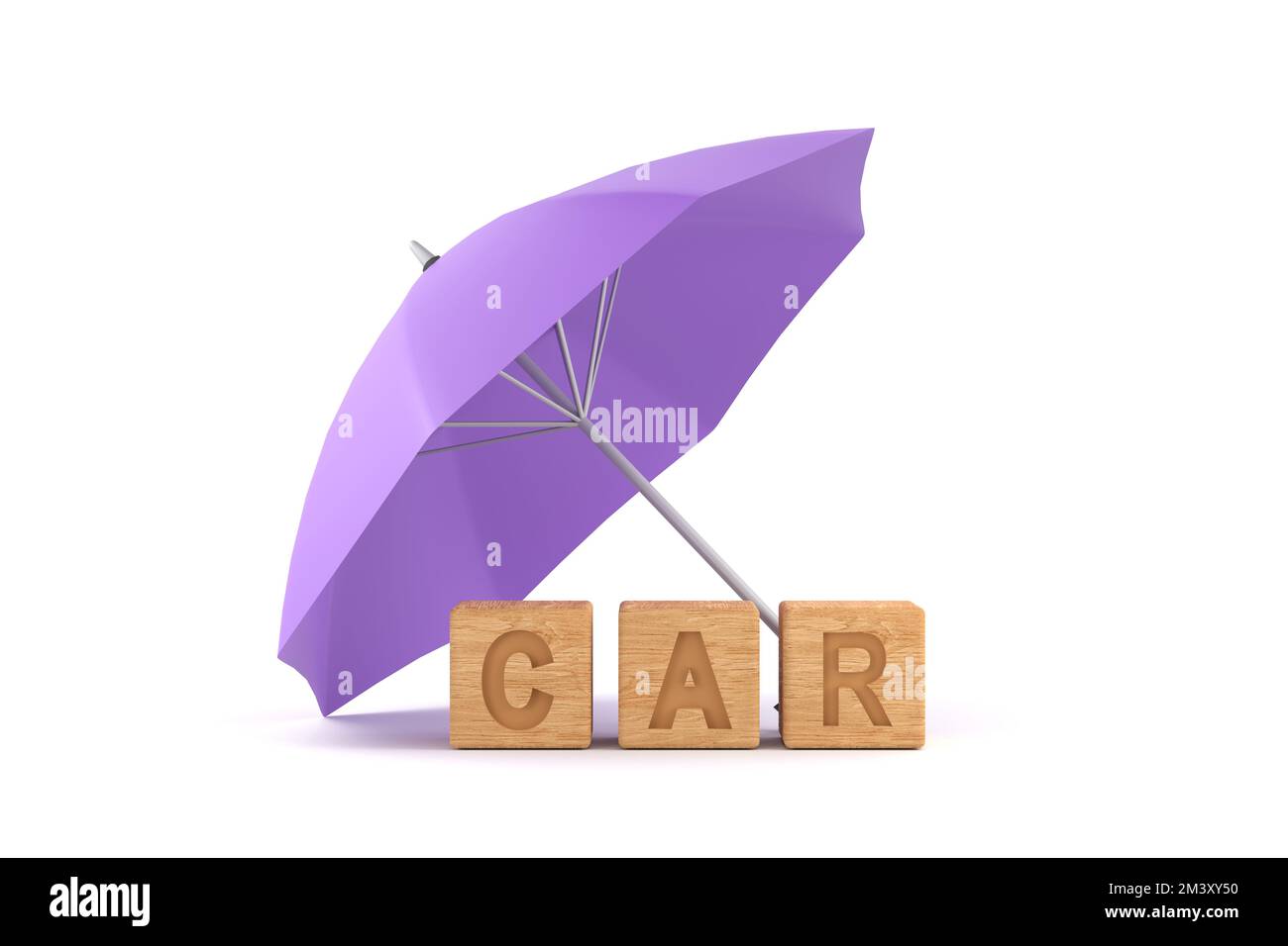 3D. Lilafarbener Schirm zum Autoschutz für das Kfz-Versicherungskonzept Stockfoto