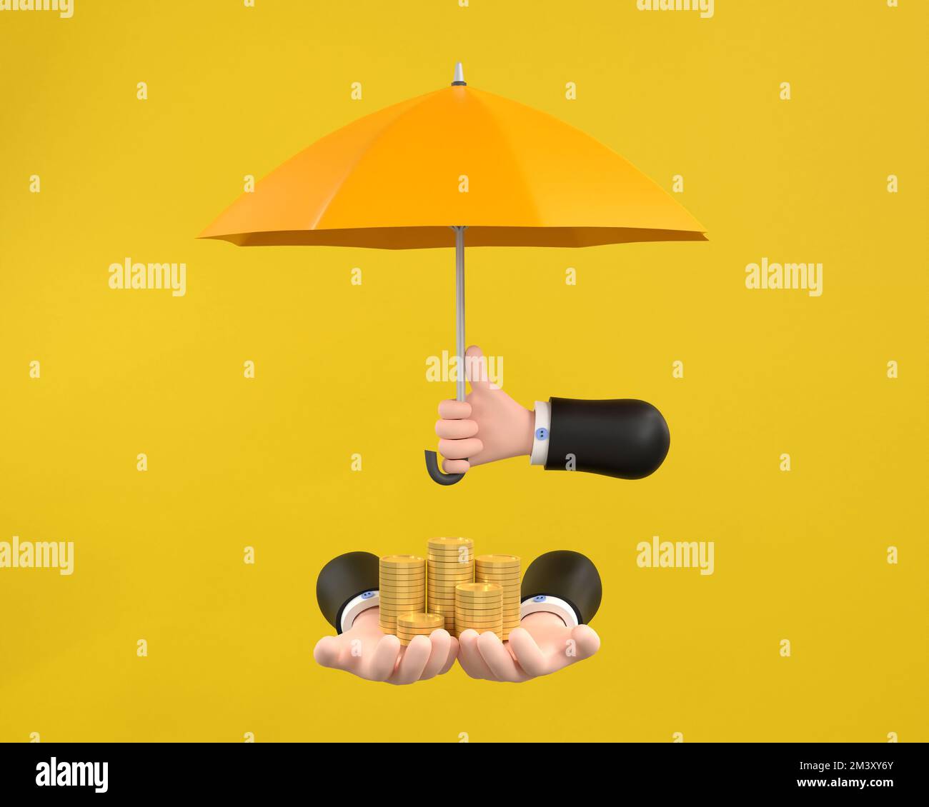 3D. Gelber Regenschirmschutz Münzen Hand hält einen Stapel Geldeinsparungen ein Unternehmen. Stockfoto