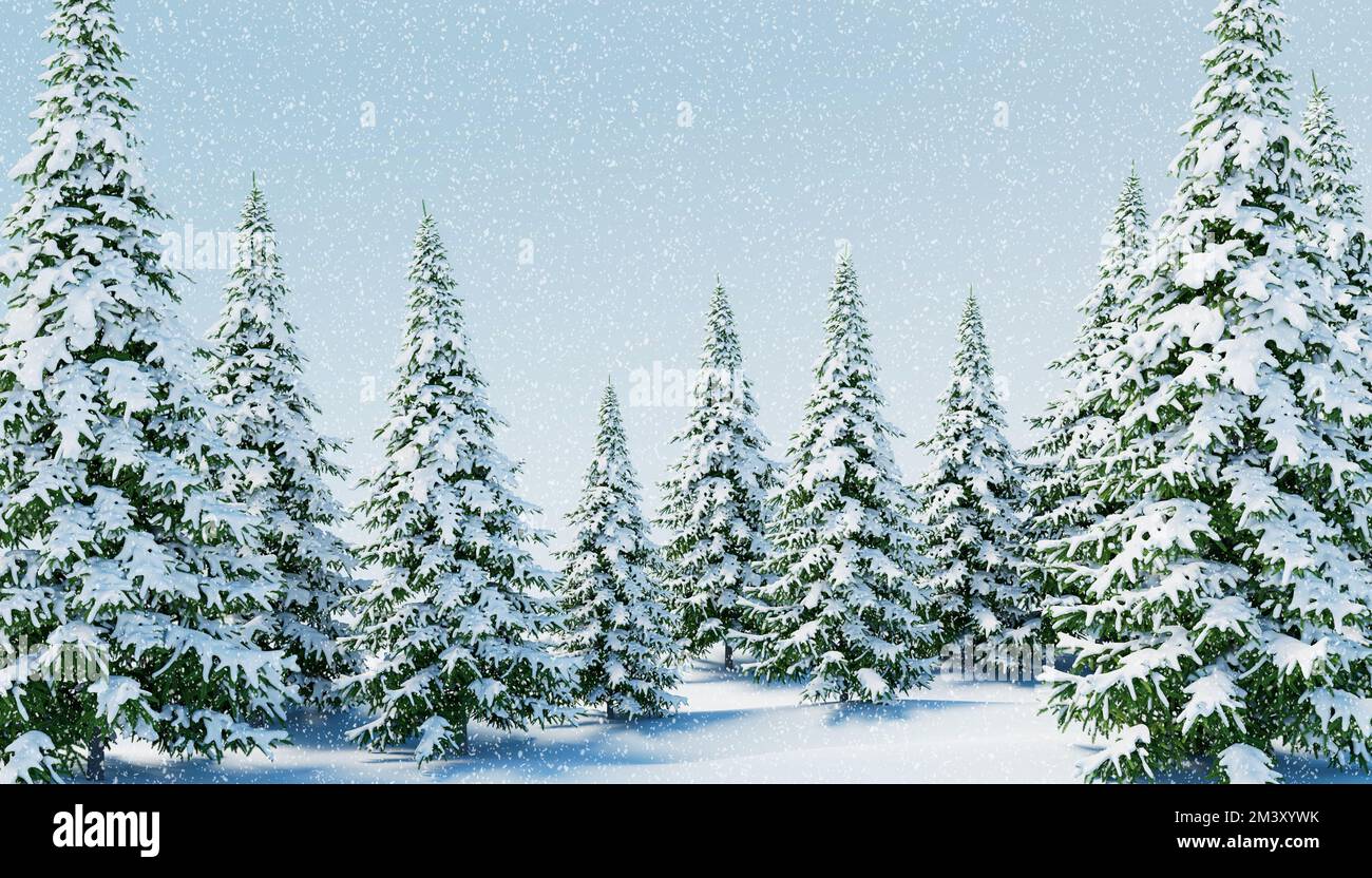 Silvester mit schneebedeckten Tannenbäumen im Hintergrund Stockfoto