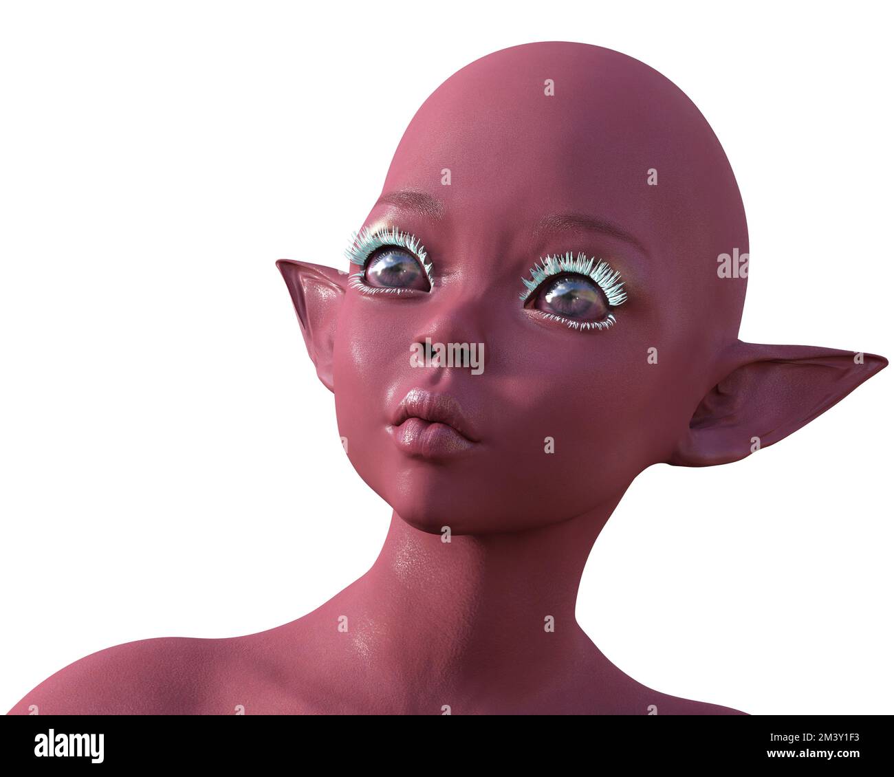 3D-Rendern. Porträt einer rosa Elfe auf weißem Hintergrund. Stockfoto