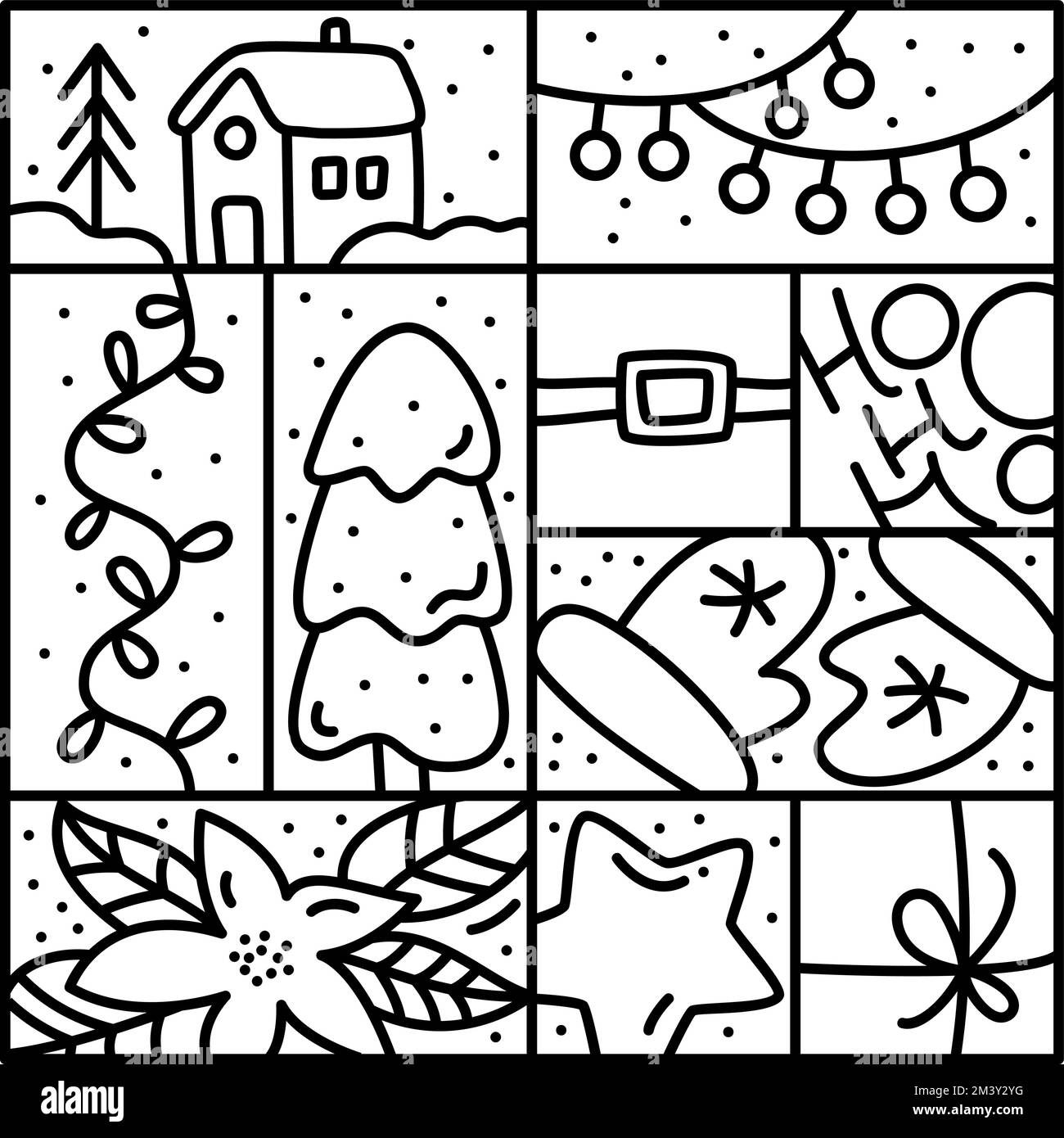 Weihnachtslogo Schneeflocke, Hirsch, Tasse Kaffee und Tannenspielzeug. Handgezeichneter Monolin-Wintervektorkonstruktor im quadratischen Rahmen für Stock Vektor