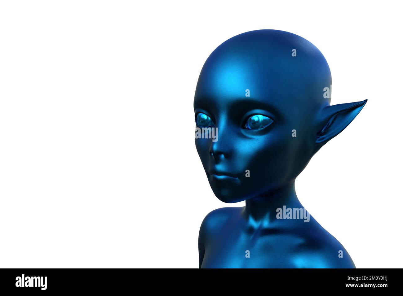 3D-Rendern. Porträt einer blauen Elfe auf weißem Hintergrund. Stockfoto