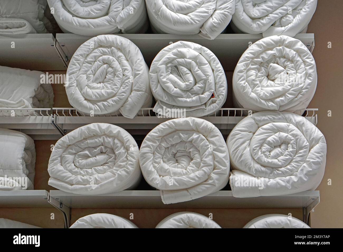 Viele saubere weiße Bettdecken, Bettdecken in Rollen im Regal Stockfoto