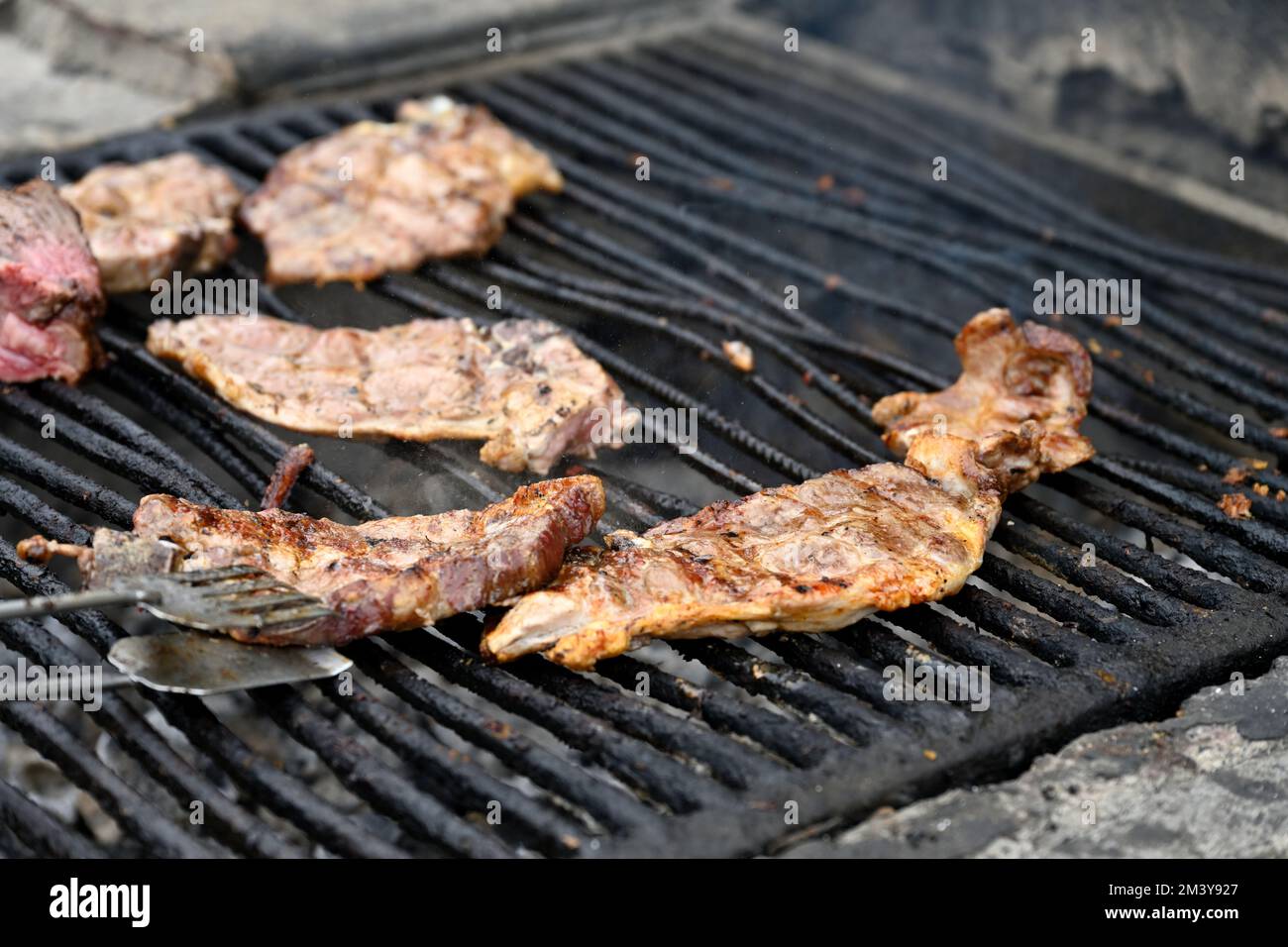 Fleisch wird auf einem traditionellen öffentlichen Barbecue im Park zubereitet Stockfoto