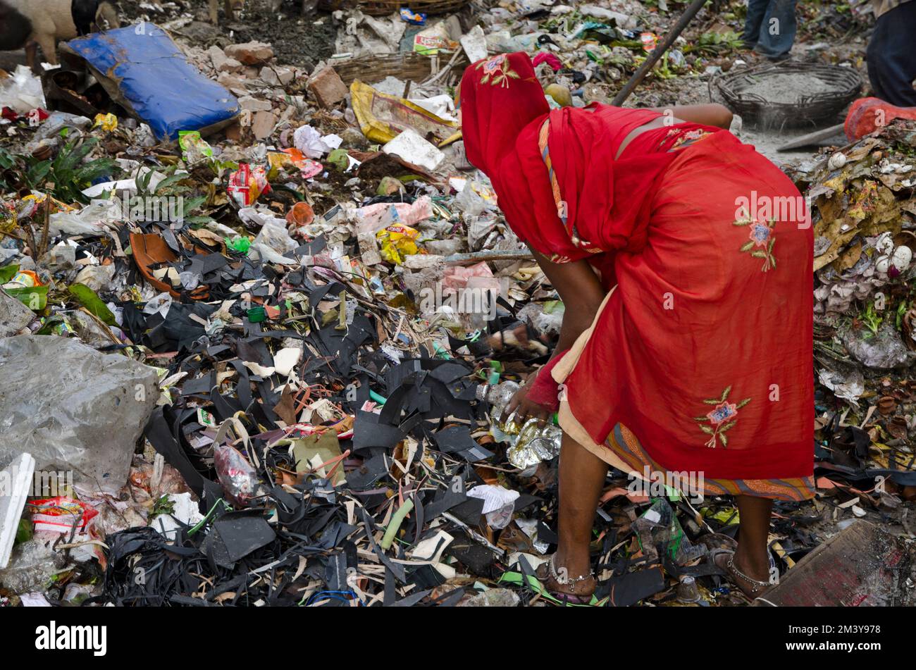 Müll ist ein großes Problem in überbevölkerten Kalkutta. Low-Caste-Ladie, das die recycelbaren Teile aussortiert Stockfoto