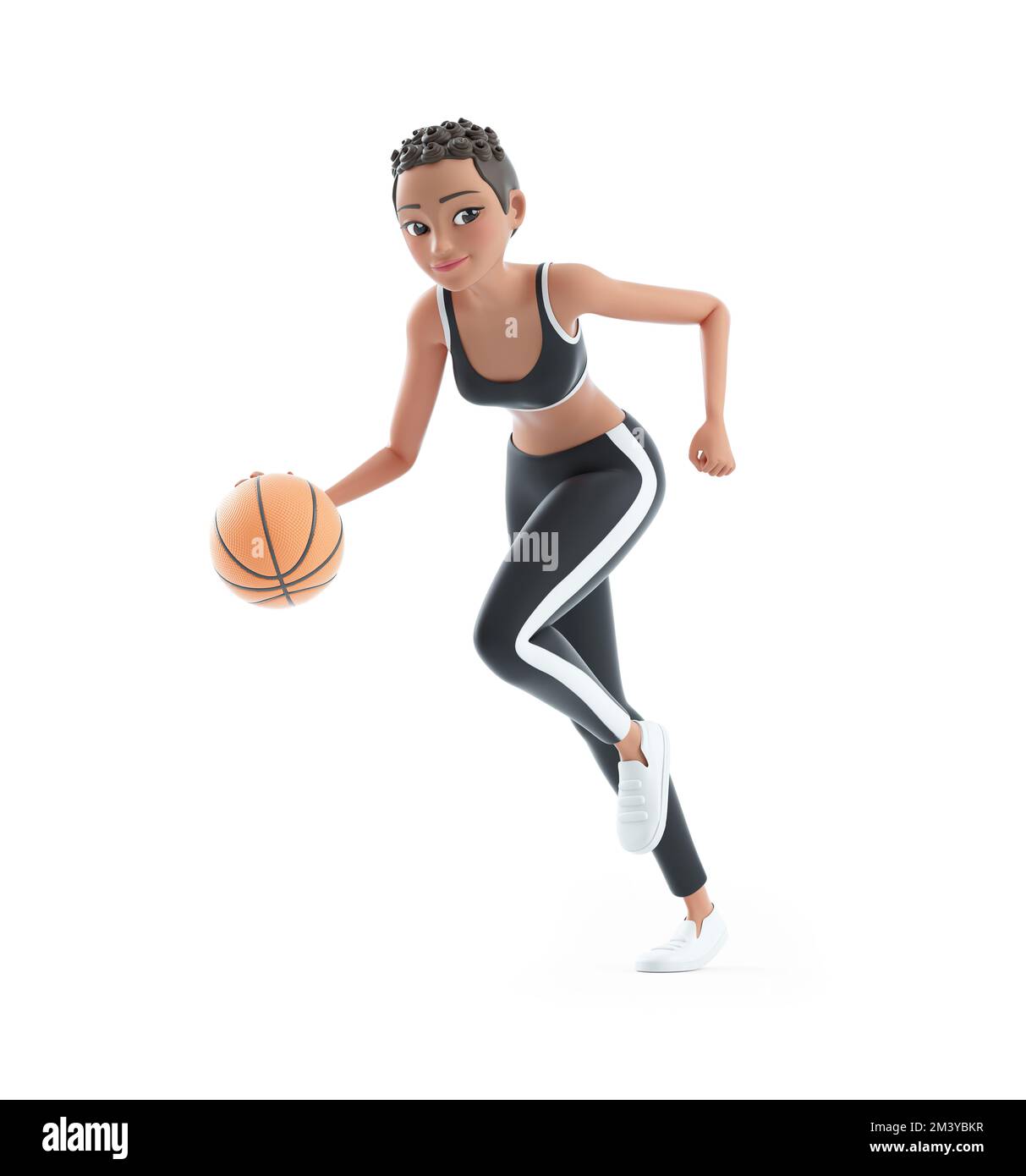 3D sportliche Figur, die mit Basketball läuft, Illustration isoliert auf weißem Hintergrund Stockfoto
