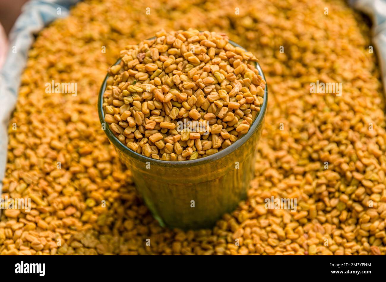 Fenugreek Samen zum Verkauf auf dem Straßenmarkt in Paharganj, dem städtischen Vorort gegenüber dem Bahnhof Neu-Delhi Stockfoto