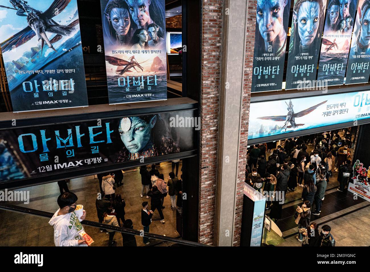 Seoul, Südkorea. 17.. Dezember 2022. Am 17. Dezember 2022 in Seoul, Südkorea, werden in einem Kino Schilder mit der Aufschrift „Avatar: The Way of Water“ ausgestellt. „Avatar: The Way of Water“, das am 14. Dezember in Südkorea veröffentlicht wurde, ist für 3days an der Spitze und hat mehr als 1.000.000 Filmemacher für 3days. (Foto: Kichul Shin/NurPhoto) Kredit: NurPhoto/Alamy Live News Stockfoto