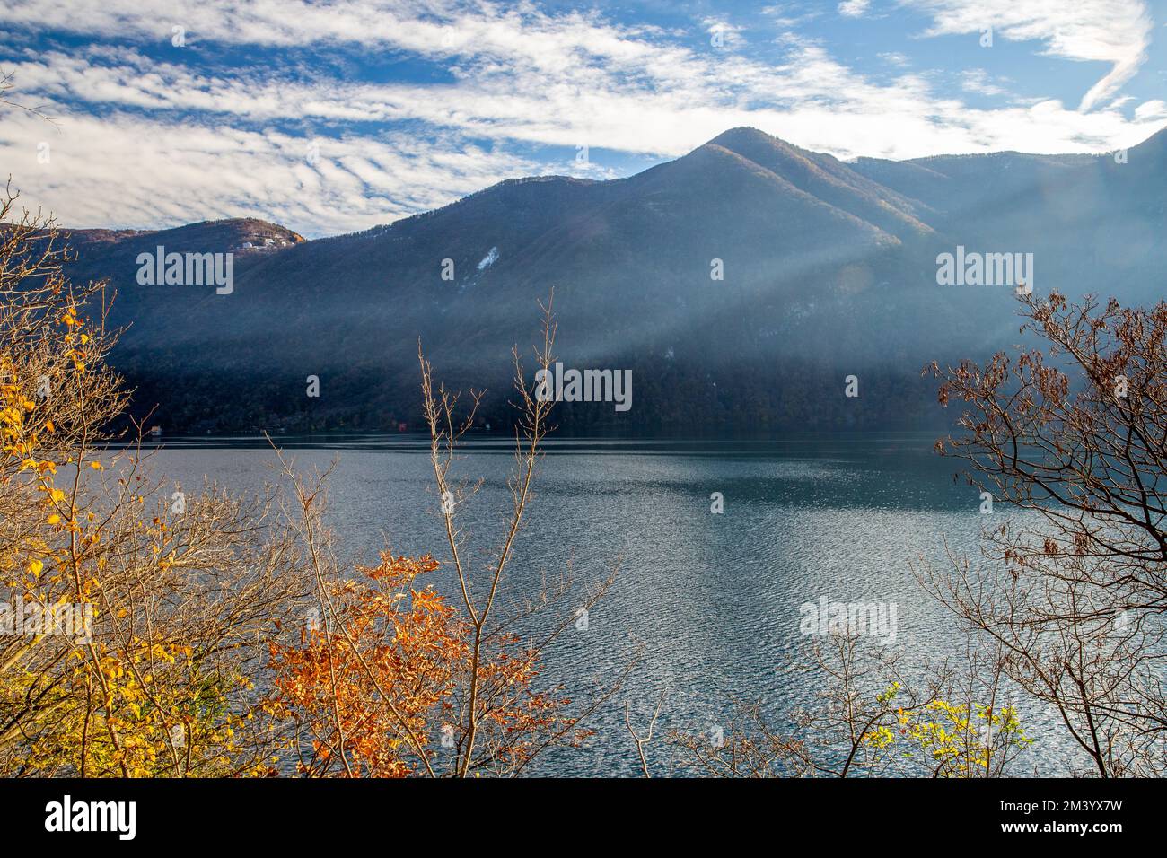 Herbstfarbenes Laub auf Bäumen neben dem See: Lugano und auf einer anderen Seite des Sees mit Schneetöpfen Stockfoto