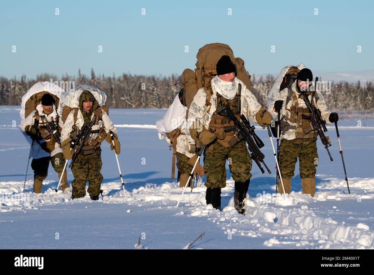 USA Marines, die dem 2D. Aufklärungsbataillon der 2D. Marine-Division zugeteilt sind, beginnen ihre 10K. Bewegung auf Skiern während des Kältetrainings auf der Joint Base Elmendorf-Richardson, Alaska, 9. Dezember 2022. Die besuchenden Marines nutzten die umfangreichen Ausbildungsbereiche der JBER, um ihre Einsatzfähigkeit bei extrem kaltem Wetter zu verbessern, während sie sich auf einen bevorstehenden Einsatz im Operationssaal der Marine Corps Forces Europa-Afrika vorbereiteten. (USA Air Force Foto von Alejandro Peña) Stockfoto