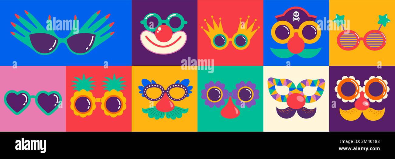 Schrullige, lustige und groucho-Nasenbrille. Karneval, Purim, Festivalmasken, Kostümteile. Farbenfrohe Vektorelemente Stock Vektor