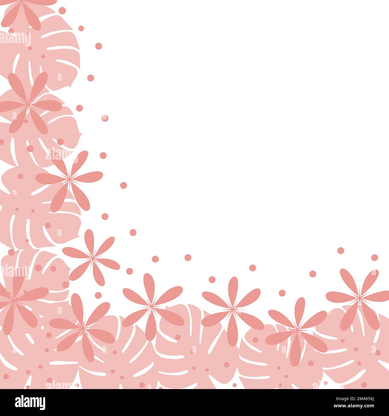 Eckrahmen mit handgezeichneten Elementen wie Blumen, exotischen Blättern Monstera in trendigen, blassrosa Farbtönen. Geeignet für Grußkarten, Hochzeitseinladungen, Poster, Banner, Flyer, Herzlichen Glückwunsch Stock Vektor