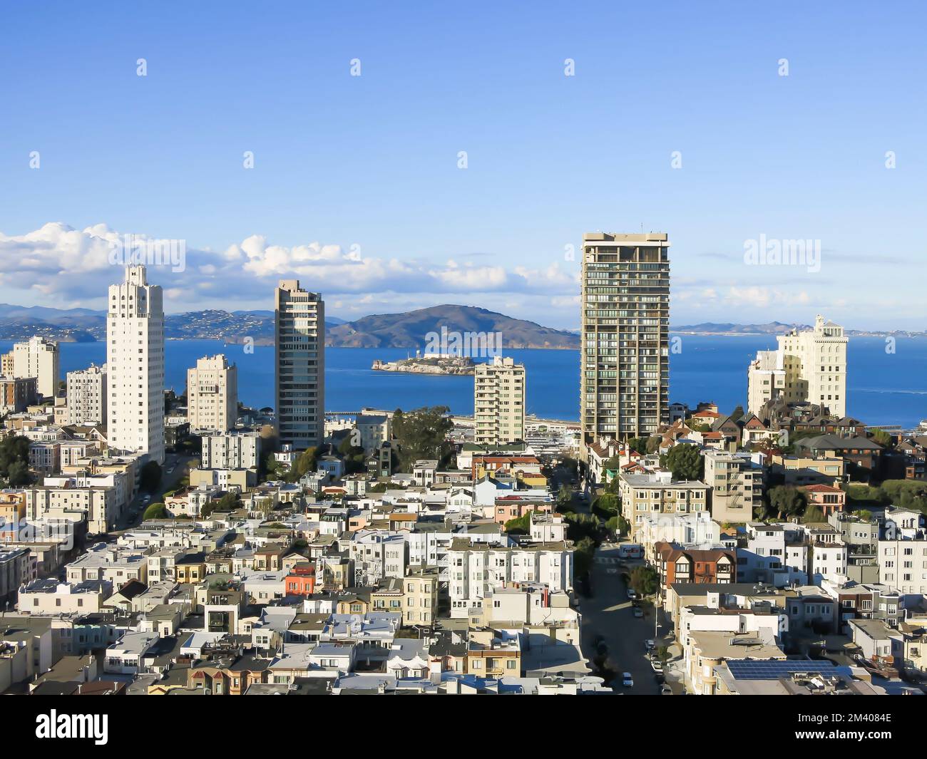 Stadtbild von San Francisco mit Alcatraz im Hintergrund Stockfoto