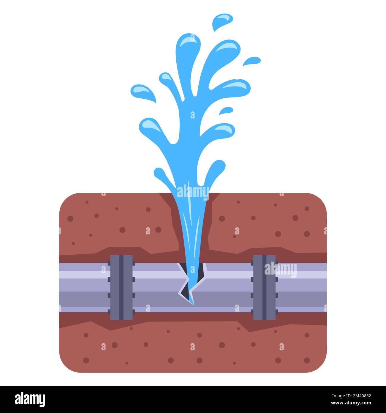 Durchbruch eines Eisenrohrs unter der Erde. Wasserbrunnen aus einem verrosteten Rohr. Abbildung eines flachen Vektors. Stock Vektor