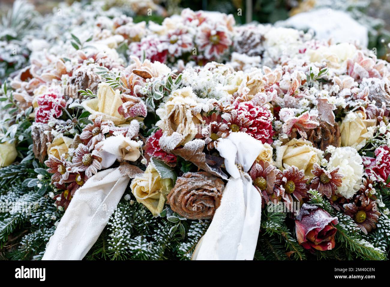 Bestattungskranz mit Schleife und farbenfrohen Pastellblumen auf einem Grab, bedeckt mit Eisfrost Stockfoto