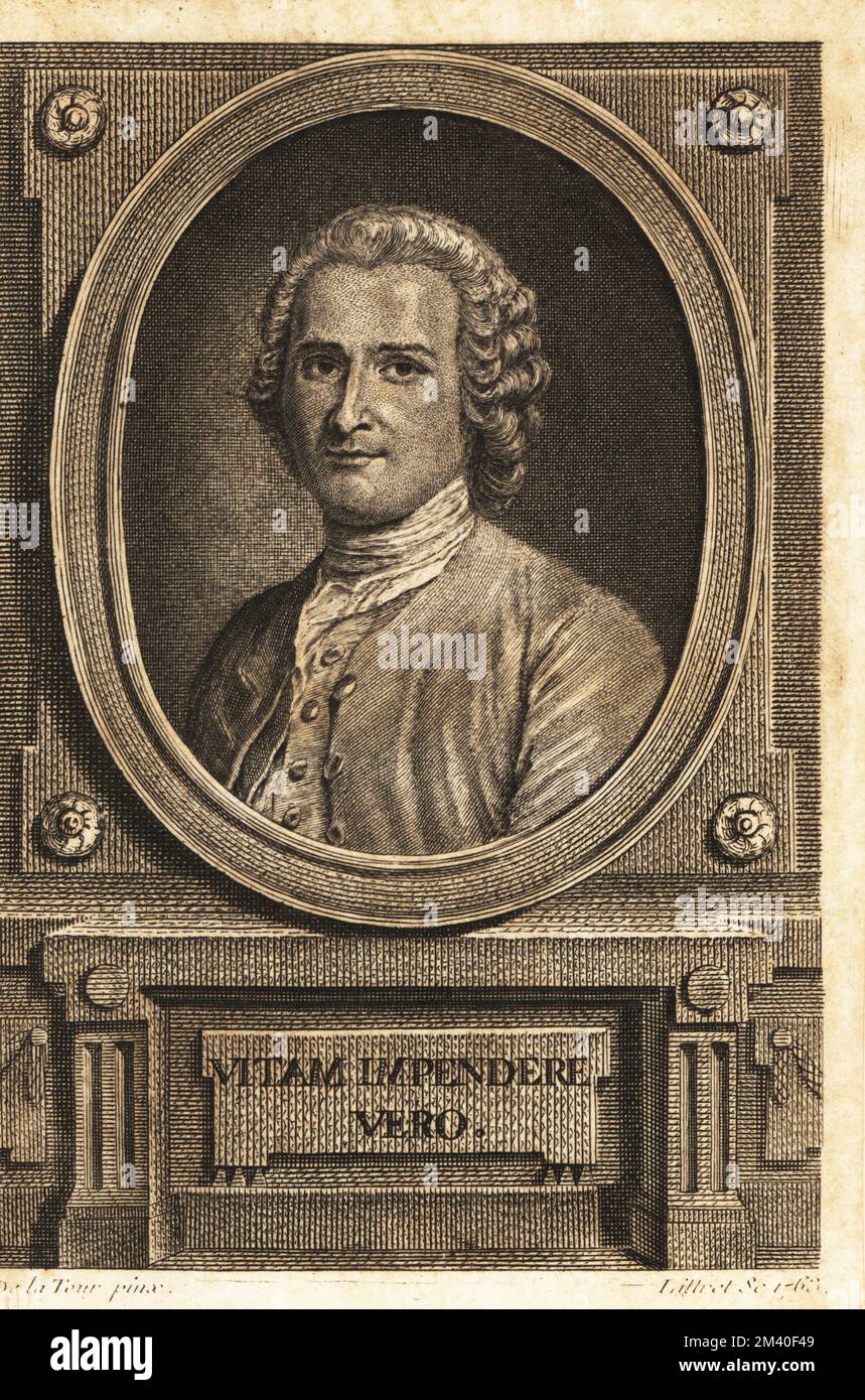 Ovales Porträt von Jean-Jacques Rousseau, französischer Philosoph, Schriftsteller und Komponist, 1712-1778. Mit dem Motto von Juvenal: Vitam impendere Vero. Sein Leben der Wahrheit zu widmen. Copperplate-Gravur von Claude Antoine Littret nach einem Porträt von Maurice Quentin de Latour, veröffentlicht 1763 in Paris, Frankreich. Stockfoto