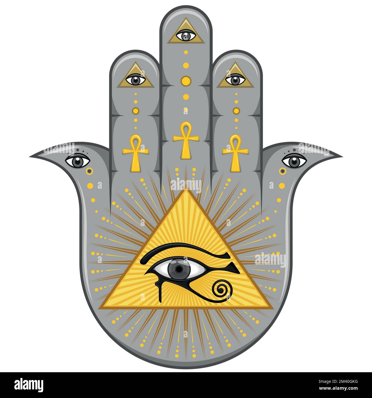 Hamsa-Symbol-Vektordesign mit ägyptischem Auge des horus, Hand des fatima-Symbols Stock Vektor
