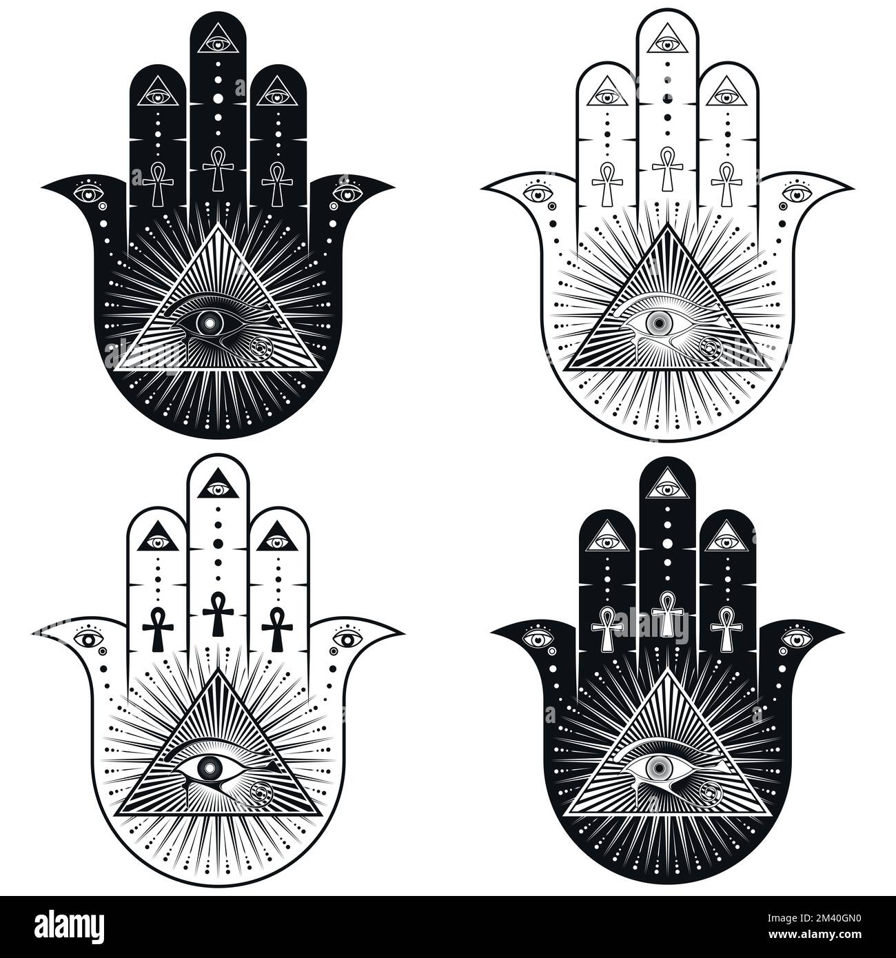 Hamsa-Symbol-Vektordesign mit ägyptischem Auge des horus, Hand des fatima-Symbols Stock Vektor