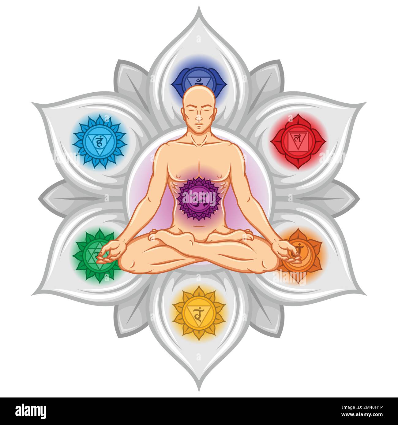 Vektordesign des Menschen beim Meditieren in Lotusblütenposition mit Chakra-Symbol Stock Vektor