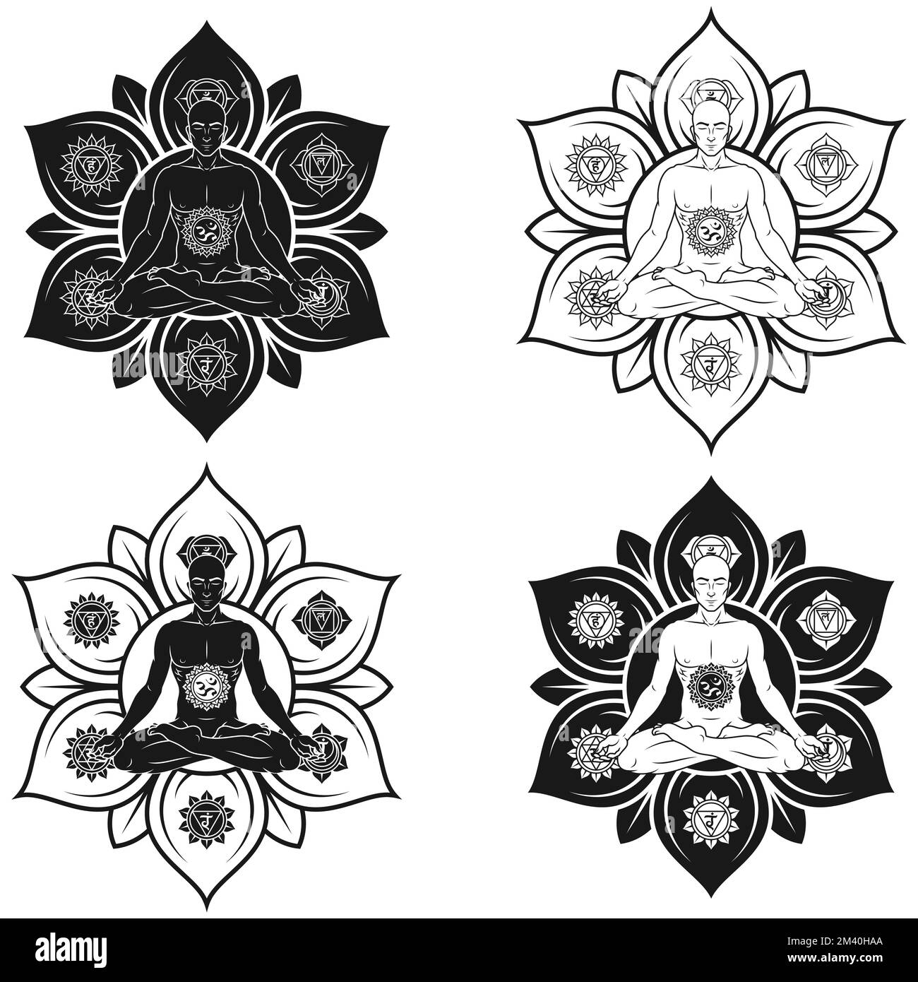 Vektordesign des Menschen beim Meditieren in Lotusblütenposition mit Chakra-Symbol Stock Vektor