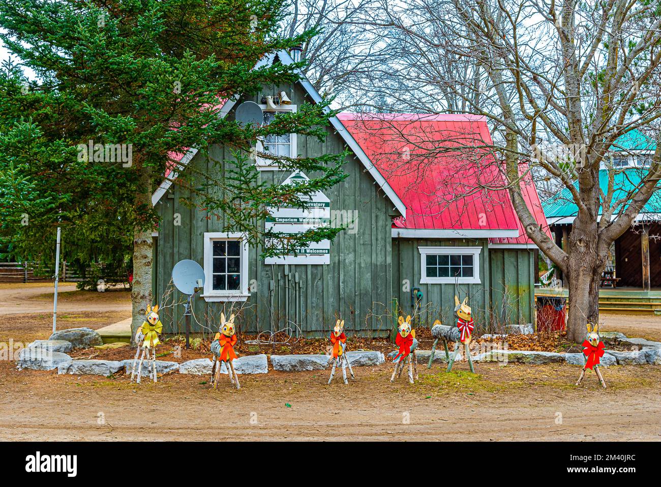 Weihnachtsbaumfarm. Das stilisierte Haus des Heiligen Nikolaus. Stockfoto