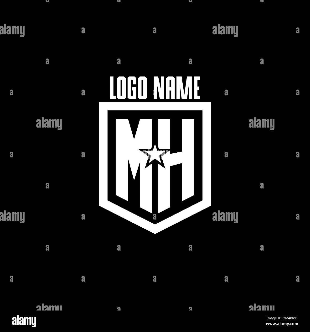 MH-Spielelogo mit Abschirmung und Star-Design-Inspiration Stock Vektor