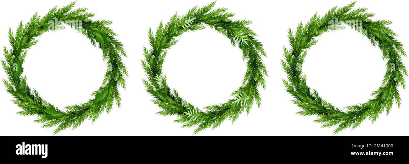 Weihnachtskränze mit grünen Tannenzweigen auf weißem Hintergrund. Satz von Vektorabbildungen Stock Vektor