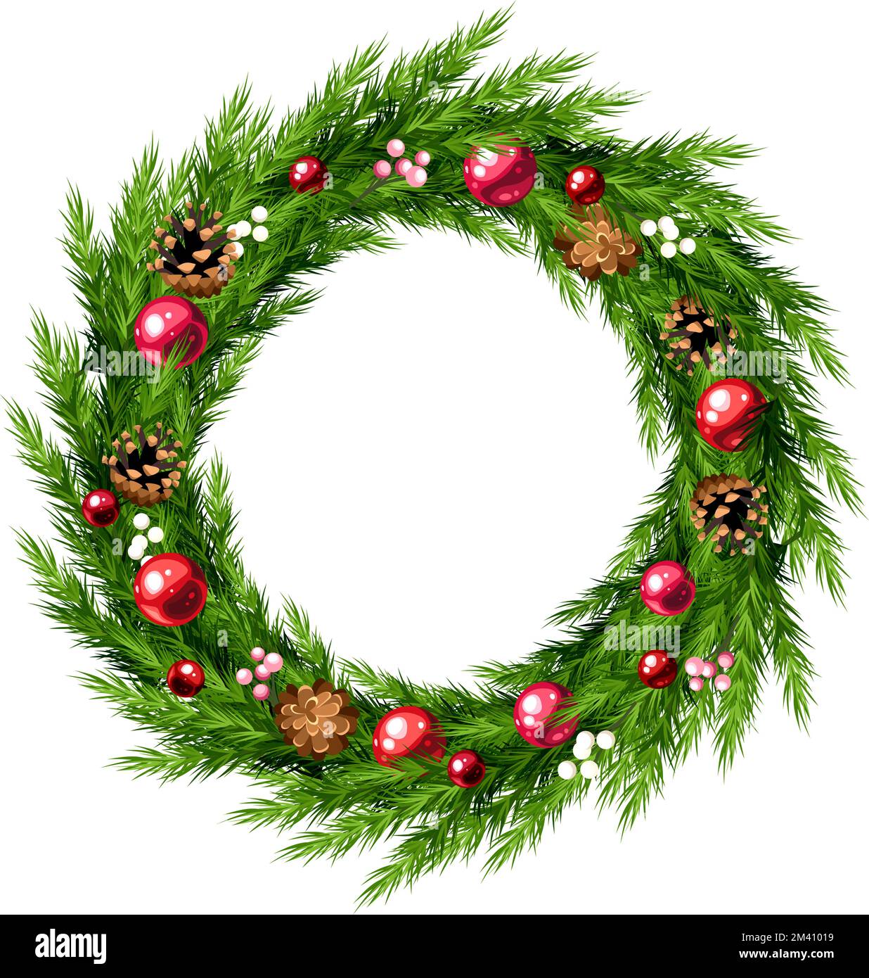 Weihnachtskranz mit grünen Tannenästen, roten Weihnachtsbällen und Pinienzapfen. Gestaltung der Gruß- oder Einladungskarte. Vektordarstellung Stock Vektor