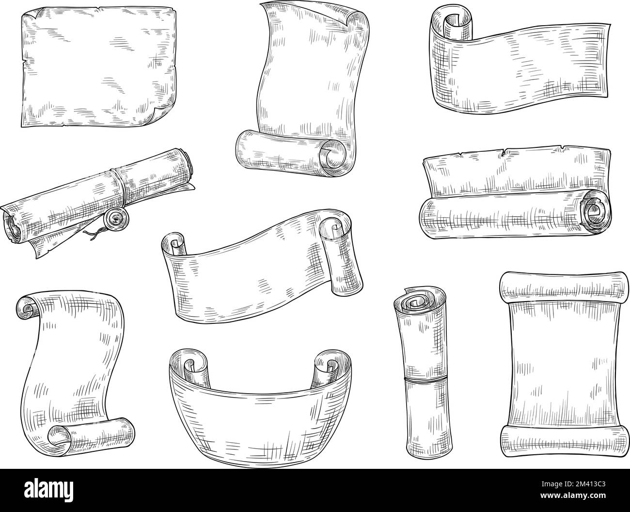 Scrollen Sie die Papierskizze. Vintage-Notizbuch, alte Manuskript-Gravur und handgezeichnetes Pergament-Seitenvektorset Stock Vektor