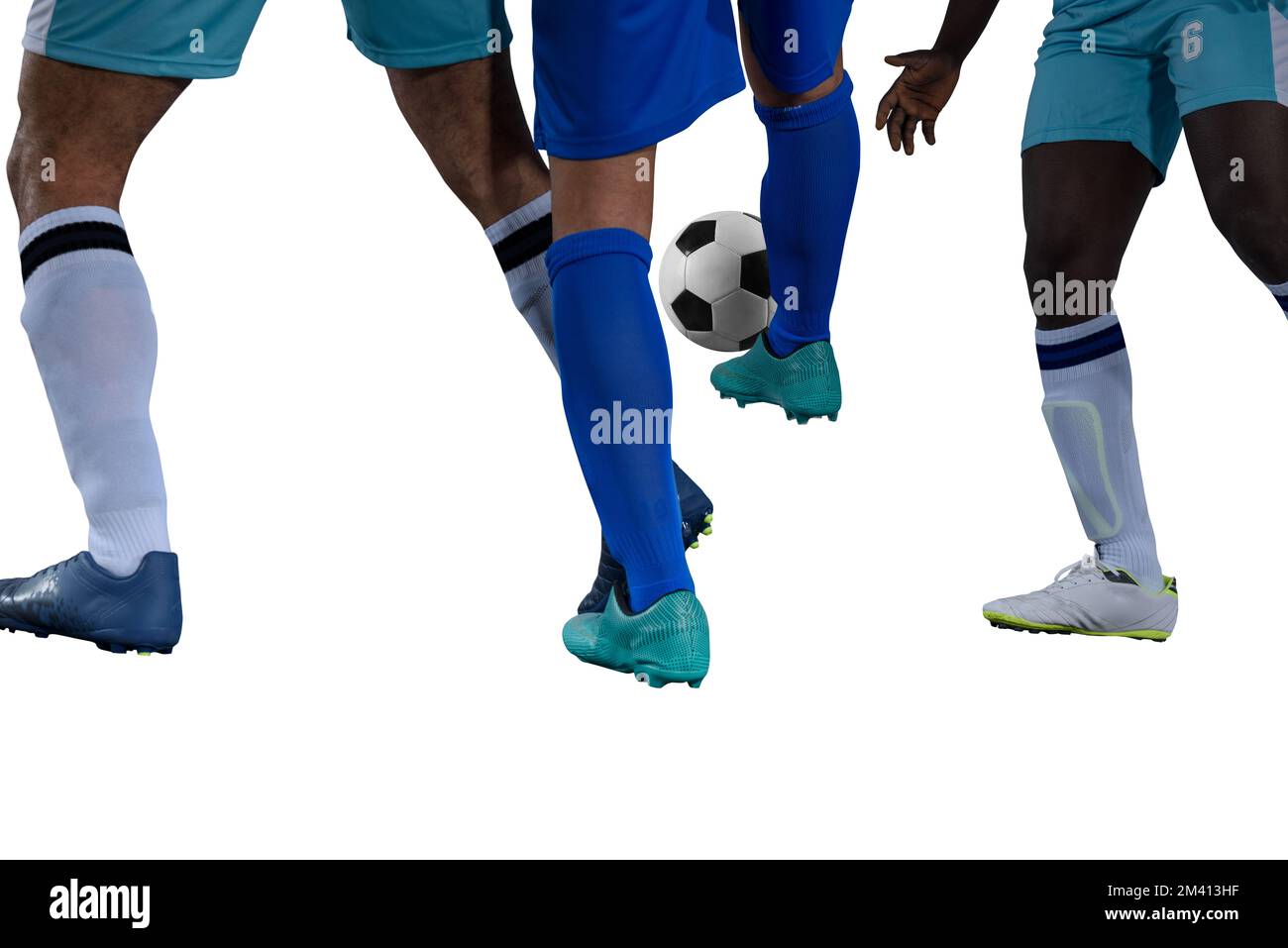 Ein isolierter Fußballspieler spielt mit einem Fußballspiel Stockfoto