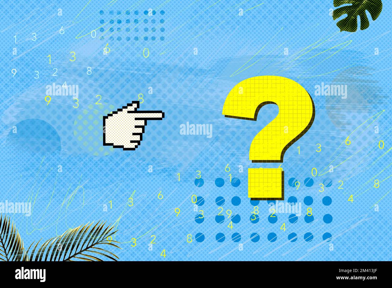 Creative Collage Fingerzeiger und Frage Stockfoto