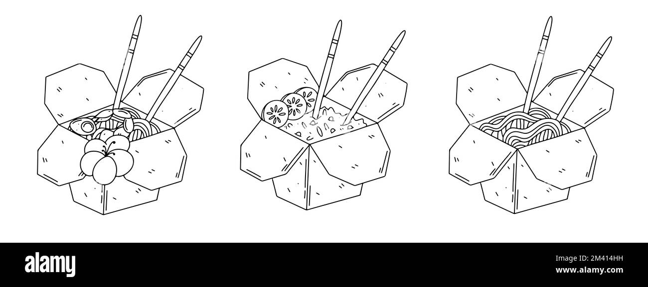 Traditionelles asiatisches Essen im handgezeichneten Pappkarton. Vektordarstellung. Stock Vektor