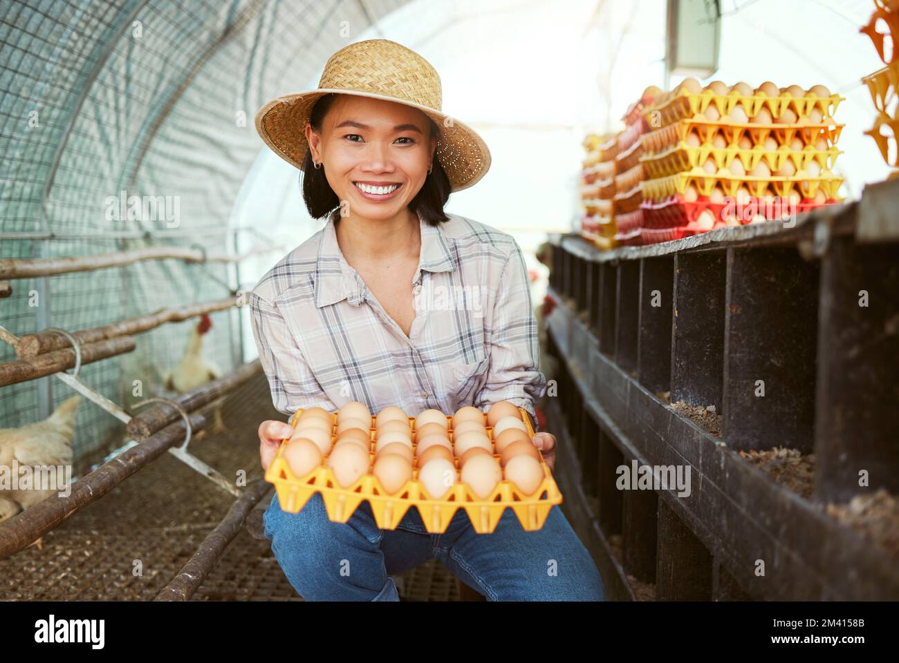 Hühnereier, Frau und Porträt des Bauern mit Tablett aus frischem, organischem und gesundem Protein aus Tierstall in Japan. Geflügelzucht, nachhaltig Stockfoto