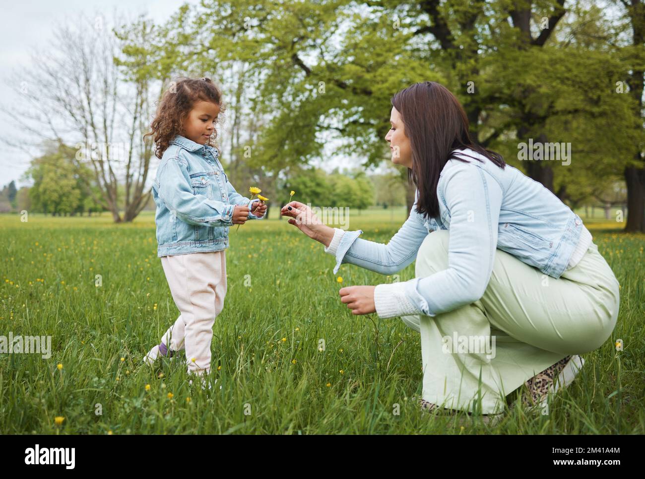 Familie, Park und Blüte mit einer Mutter und einem Mädchen, die sich im Sommer oder Frühling auf einem Grasfeld zusammentun. Natur, Liebe und Kinder mit einer Frau Stockfoto