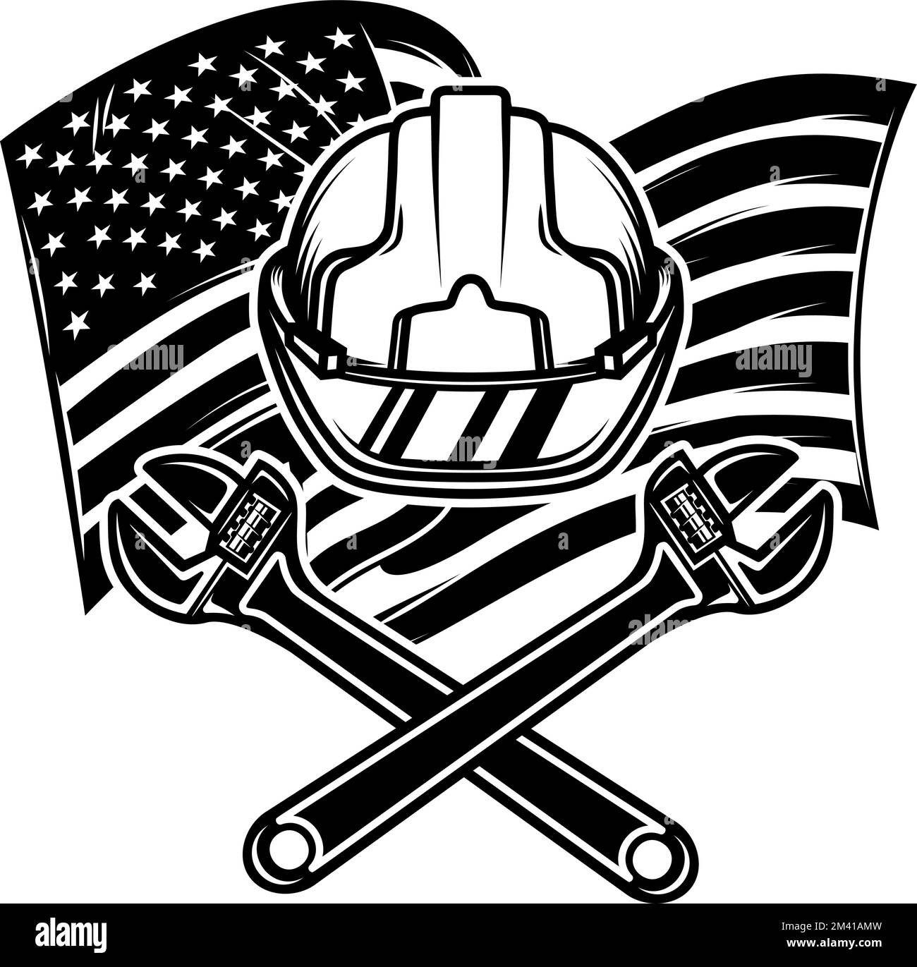 Abbildung: Arbeiterhelm mit gekreuzten Schraubenschlüsseln auf dem Hintergrund der amerikanischen Flagge. Designelement für Poster, Karte, Banner, Schild, Emblem. Vektorbeleuchtung Stock Vektor