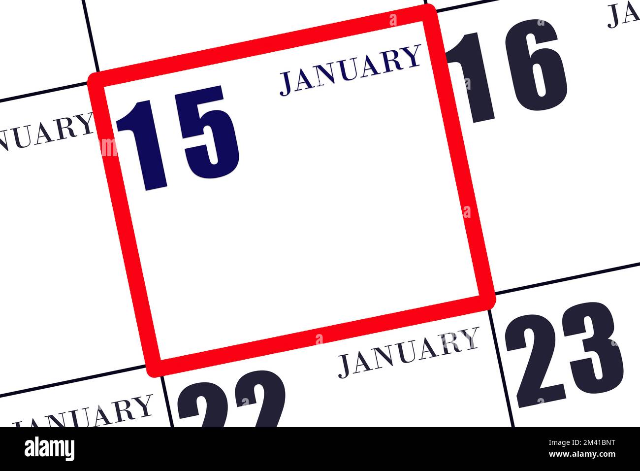 Datum des 15. Januar in einem Rahmen des Kalenders, des Modells, des Kopierbereichs. Kalender für Januar. Wintermonat, Tag des Jahres Konzept. Stockfoto