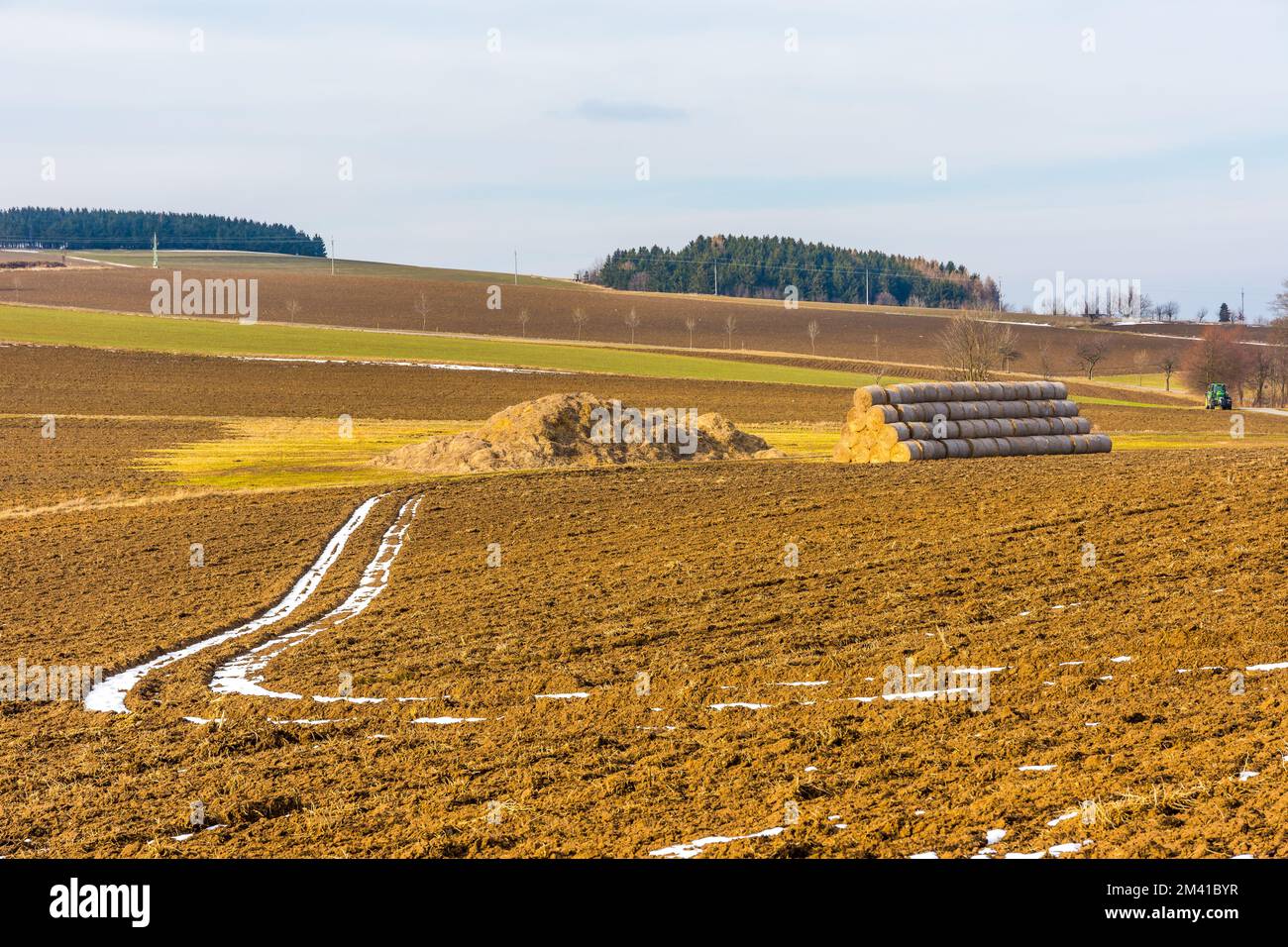 Strohballen auf dem Feld. Landwirtschaft auf dem typischen Landschaftsland Stockfoto
