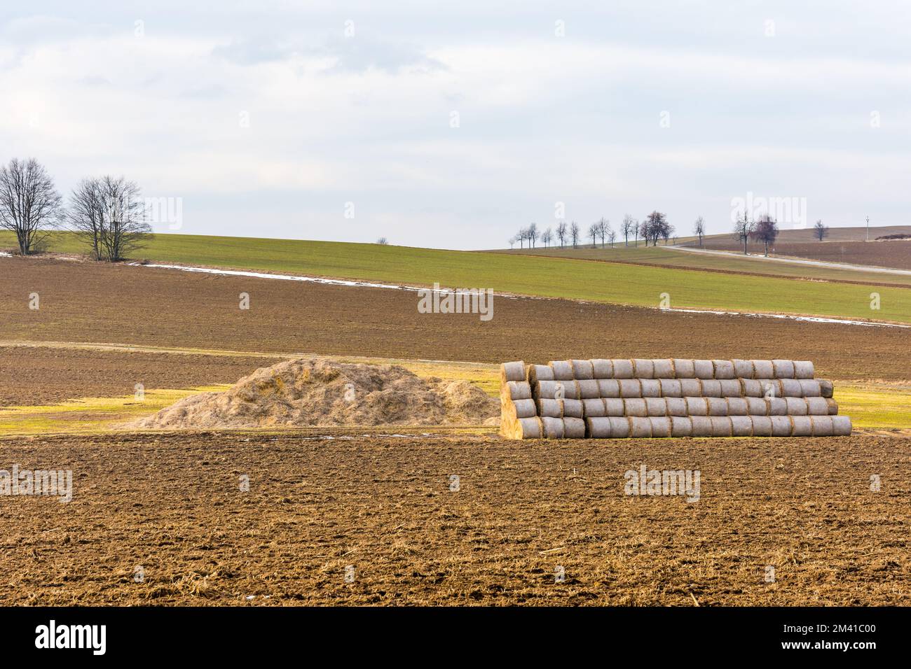 Strohballen auf dem Feld. Landwirtschaft auf dem typischen Landschaftsland Stockfoto