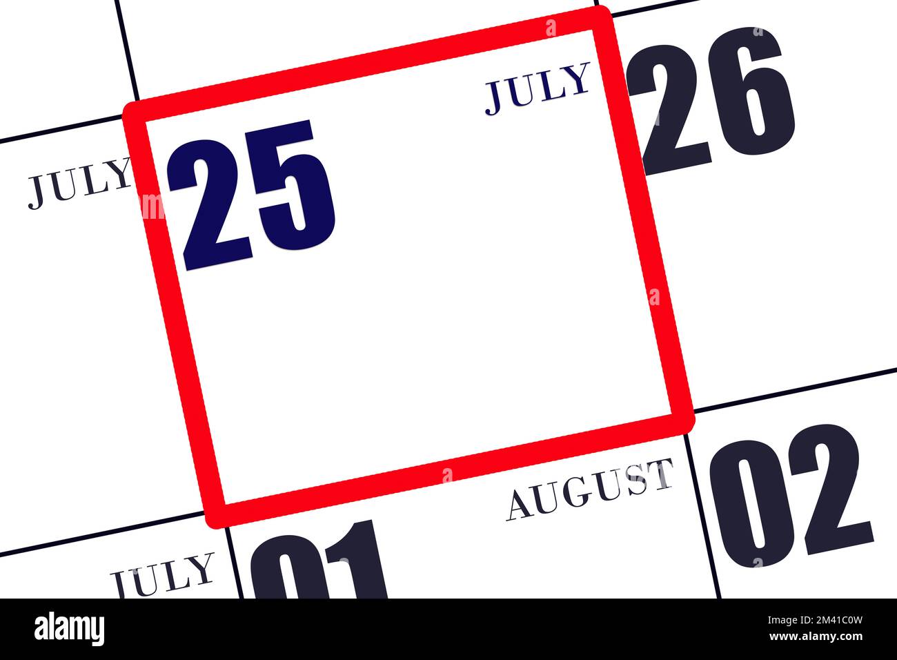 Datum: 25. Juli in einem Rahmen des Kalenders, des Modells, des Kopierbereichs. Kalender für Juli. Sommermonat, Tag des Jahres Konzept. Stockfoto
