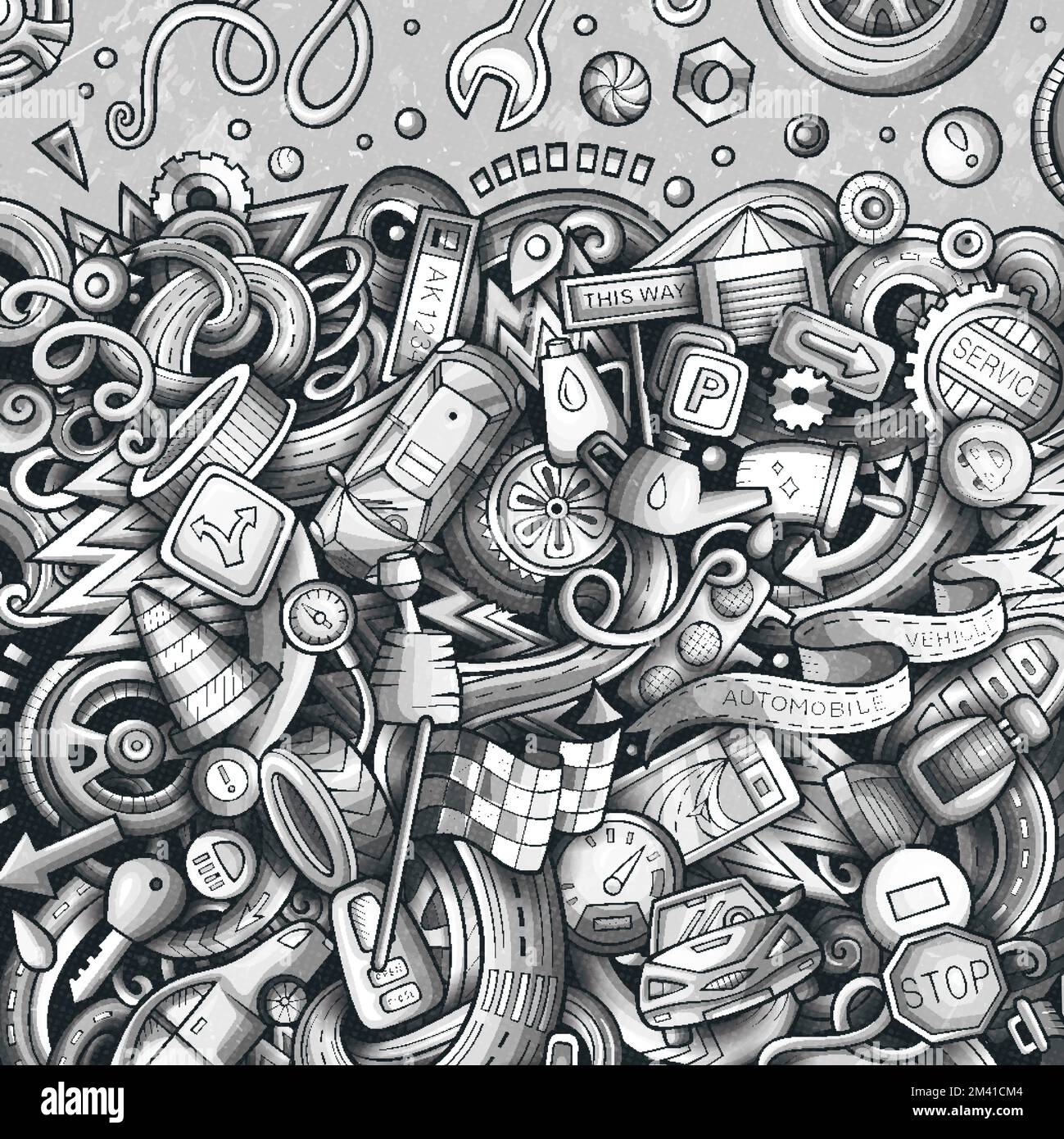 Cartoon niedliche Kritzeleien Fahrzeug Rahmenkarte. Einfarbig mit vielen Objekten im Hintergrund. Mit Fahrzeugsymbolen und -Gegenständen umranden Stock Vektor