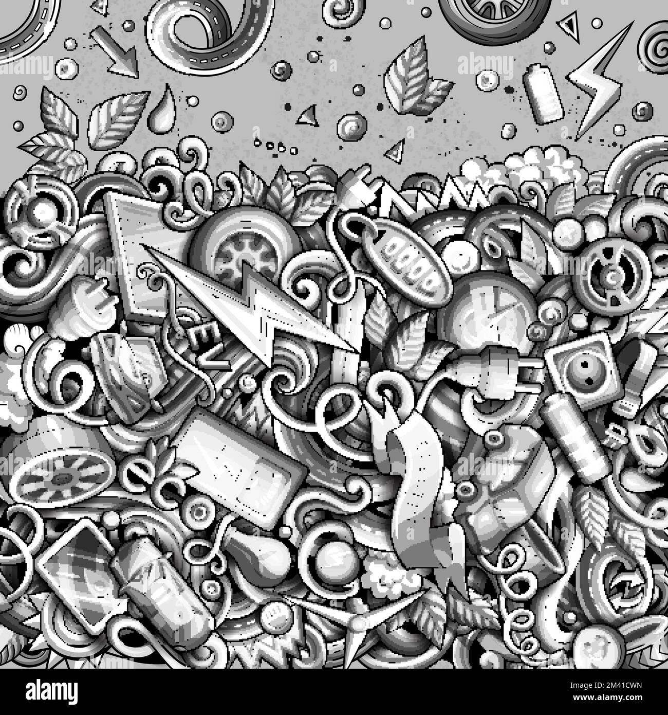 Cartoon niedlichen Kritzeleien Elektro-Fahrzeug Frame-Karte. Monochrom detailliert, mit vielen Objekten Hintergrund. Alle Objekte getrennt. Grenze mit Öko-Autos sym Stock Vektor