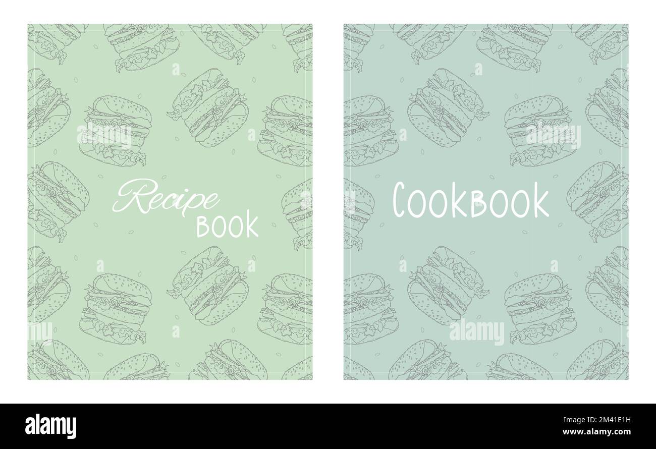 Deckblattvorlagen für Rezepte, die auf nahtlosen Mustern mit handgezeichneten Burgern basieren. Layout des Deckblatts des Kochbuchs. Vektordarstellung Stock Vektor