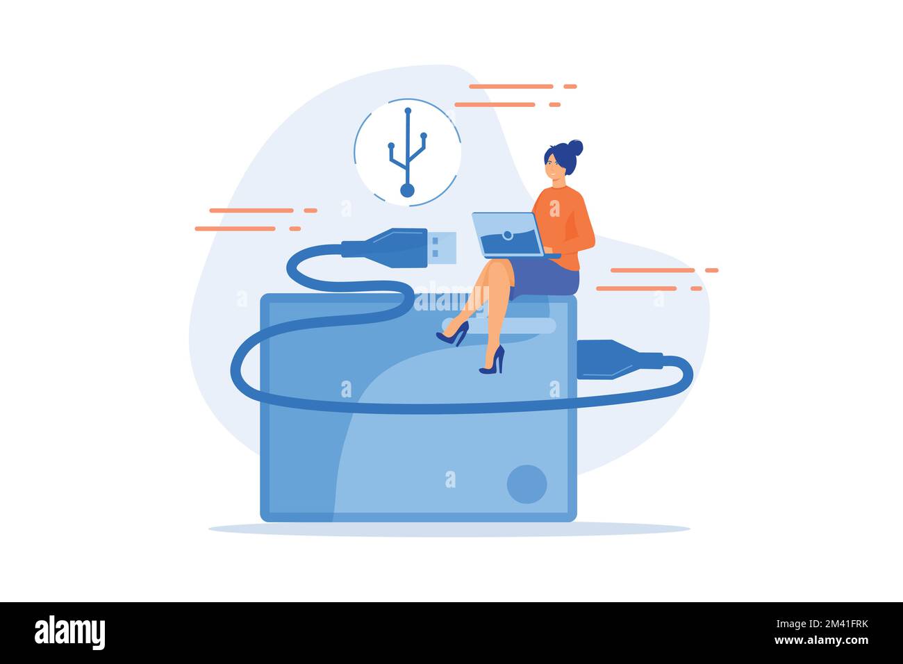 Winzige Geschäftsleute an Laptops, die eine tragbare externe Festplatte verwenden. Externe Festplatte, Datenspeichergerät, externes Festplattenkonzept, Flat vecto Stock Vektor