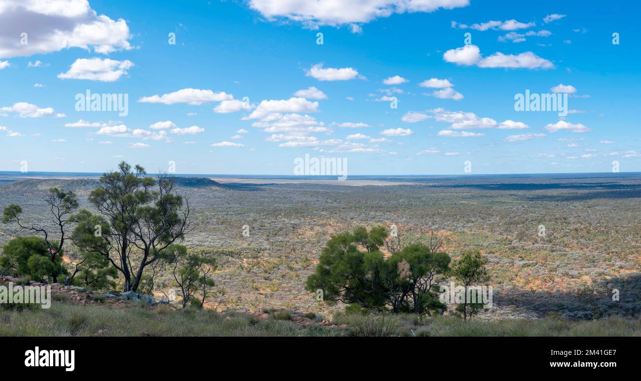 Panoramablick nach Norden über das Outback und die Rossmore Station vom Gipfel des Mount Oxley im Nordwesten von New South Wales, Australien Stockfoto