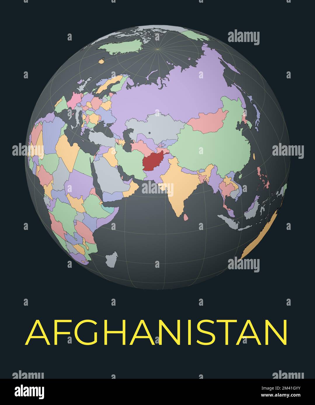 Die Weltkarte ist auf Afghanistan ausgerichtet. Rot markiert. Satelliten-Weltansicht auf Land mit Namen zentriert. Vektordarstellung. Stock Vektor