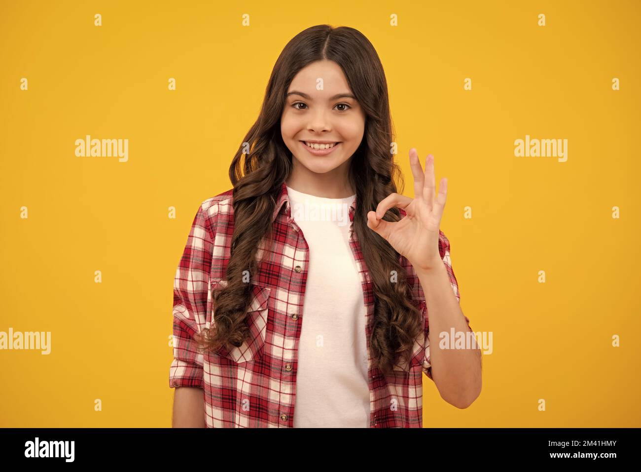 Portrait von teen Mädchen machen ok Geste, isoliert Hintergrund. Junger Teenager lächelte und gab Okey Zeichen. Glücklich niedliches Kind zeigt okay. Glücklich Stockfoto