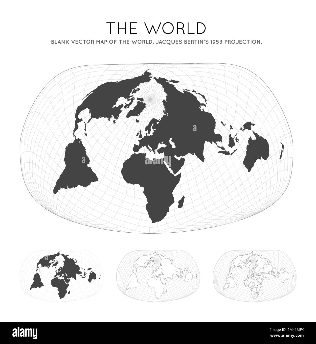 Weltkarte. Jacques Bertins Projektion 1953. Kugel mit Breiten- und Längengradlinien. Weltkarte über Meridiane und Parallelen im Hintergrund. Vektor i Stock Vektor