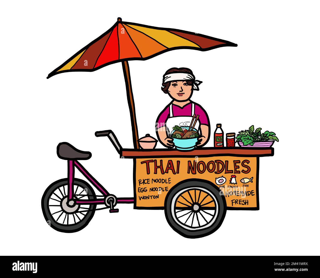 Eine junge asiatische Verkäuferin, die thailändische Nudeln auf einem Speisefahrrad verkauft. Street Food Thailand. Konzept der gesunden Ernährung. Vektor. Stock Vektor