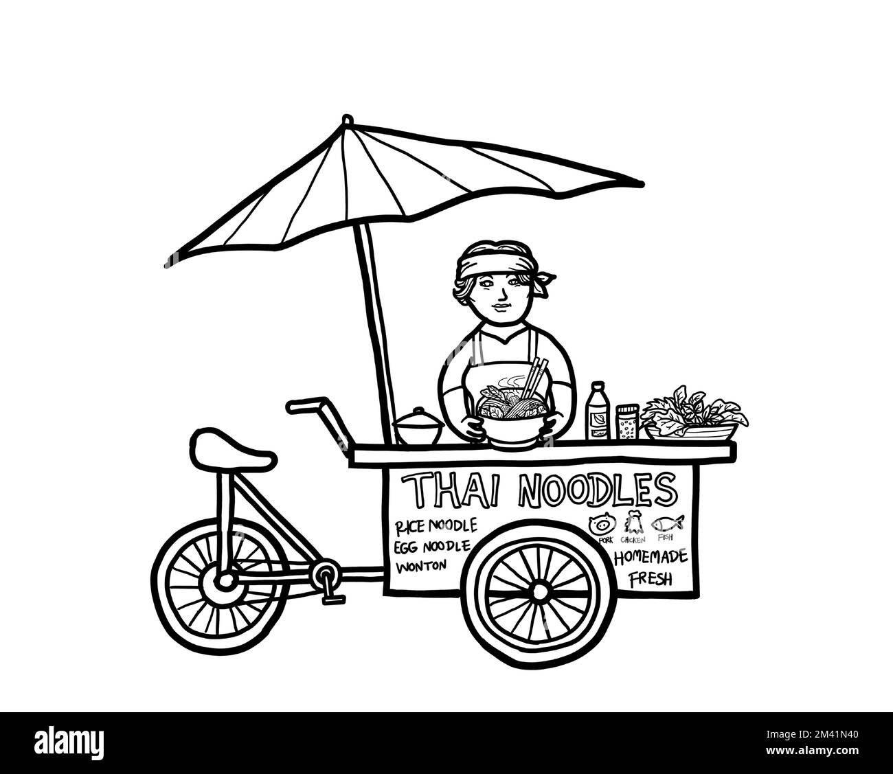 Eine junge asiatische Verkäuferin, die thailändische Nudeln auf einem Speisefahrrad verkauft. Street Food Thailand. Konzept der gesunden Ernährung. Schwarzweißzeichnung. Stock Vektor