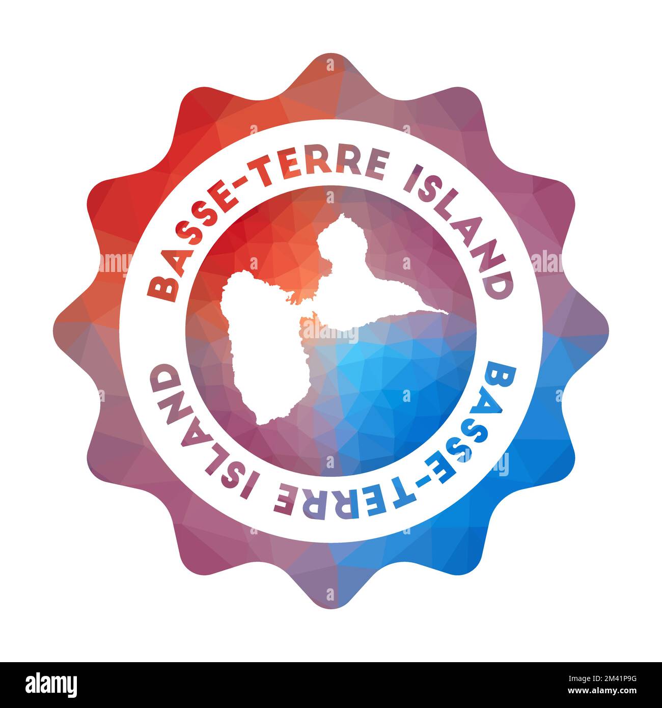 Niederes Poly-Logo für Basse-Terre Island. Farbenfrohes Logo für Steigungen im geometrischen Stil. Mehrfarbiges, polygonales, abgerundetes Schild mit Karte für die Insel Basse-Terre Stock Vektor